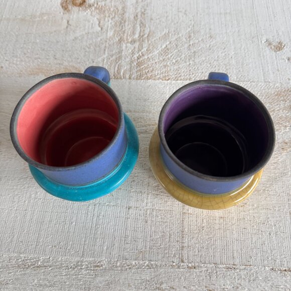 Set of Two Studio Pottery Mugs with Colourful Dip and Faux Worn Finish - Picture 7 of 11